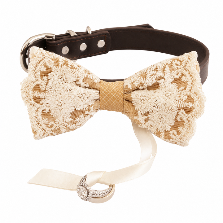 Champagne Gold Lace Wedding Dog Bow Tie Collar with Ivory Floral Embroidery