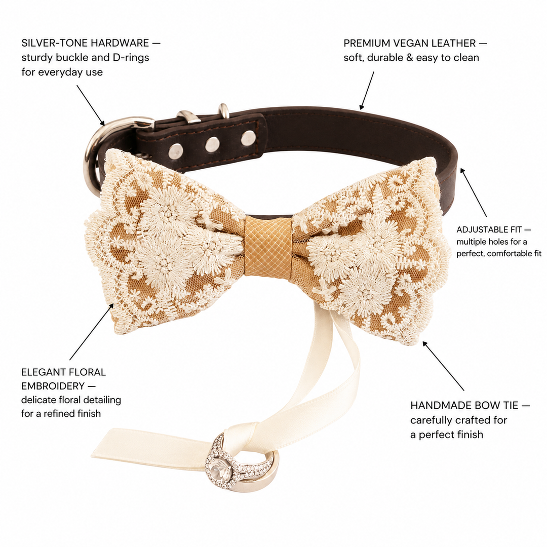Champagne Gold Lace Wedding Dog Bow Tie Collar with Ivory Floral Embroidery