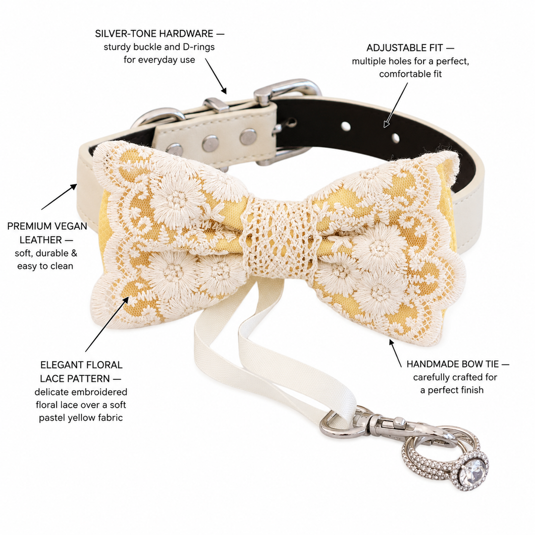 Yellow Ring Bearer Dog Bow Tie Collar with Ivory Floral Embroidery Lace