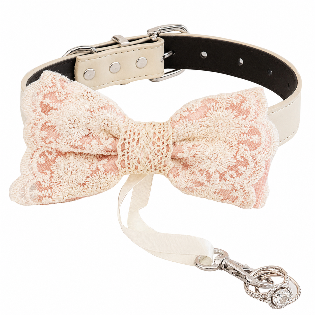 Blush Pink Ring Bearer Dog Bow Tie Collar with Ivory Floral Lace Embroidery