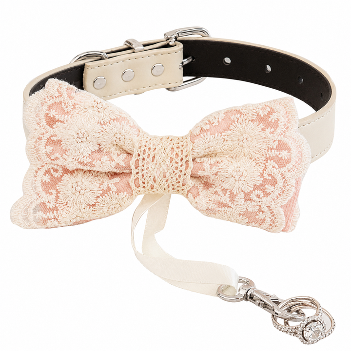Blush Pink Ring Bearer Dog Bow Tie Collar with Ivory Floral Lace Embroidery