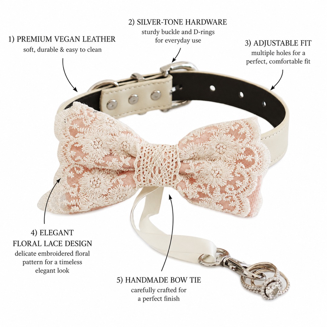Blush Pink Ring Bearer Dog Bow Tie Collar with Ivory Floral Lace Embroidery