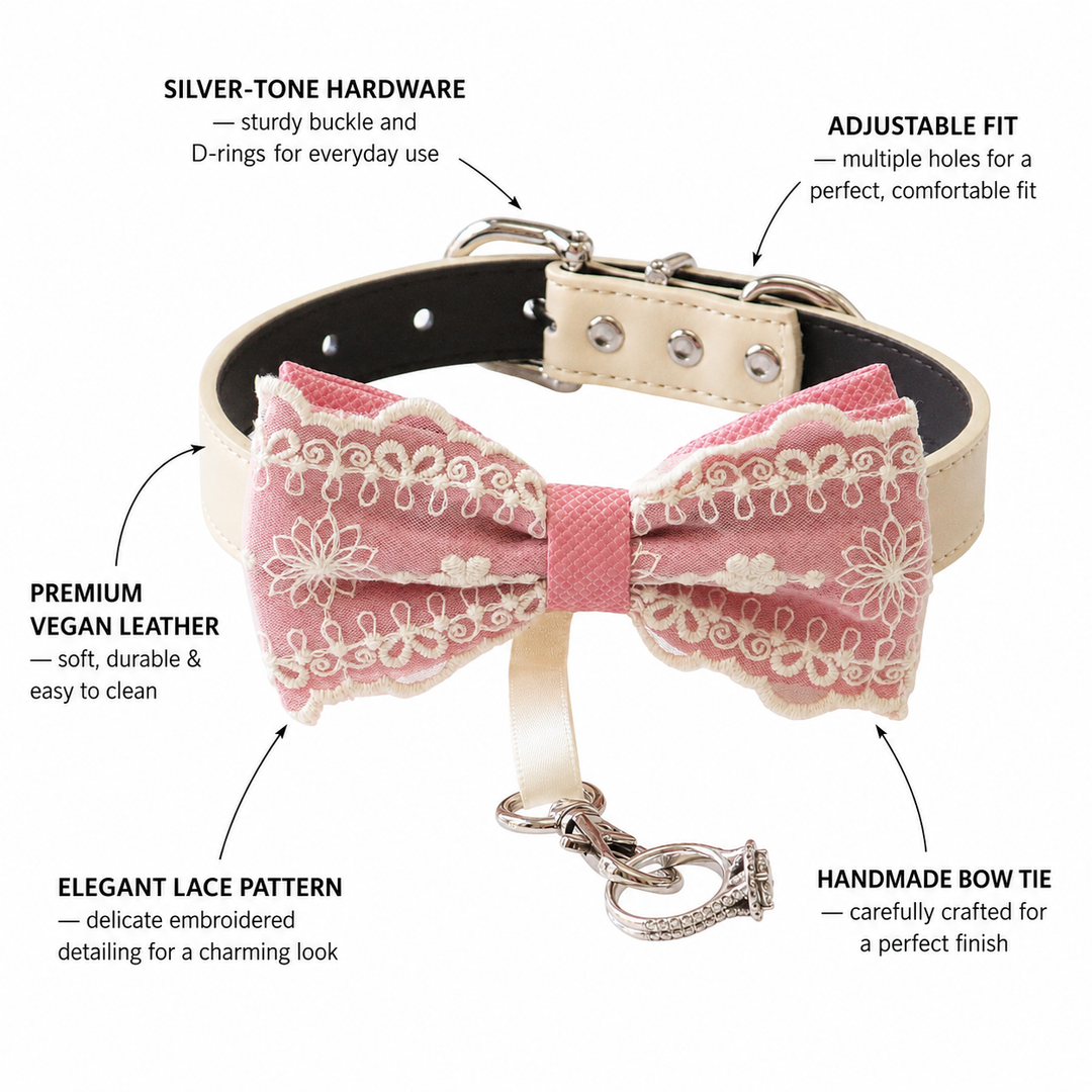 Dusty Rose Ring Bearer Dog Bow Tie Collar with Vintage Ivory Embroidery Lace