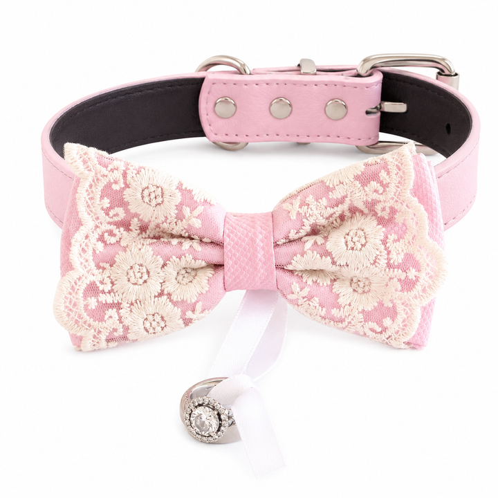 Peach Blush Ring Bearer Dog Bow Tie Collar with Ivory Floral Lace Embroidery