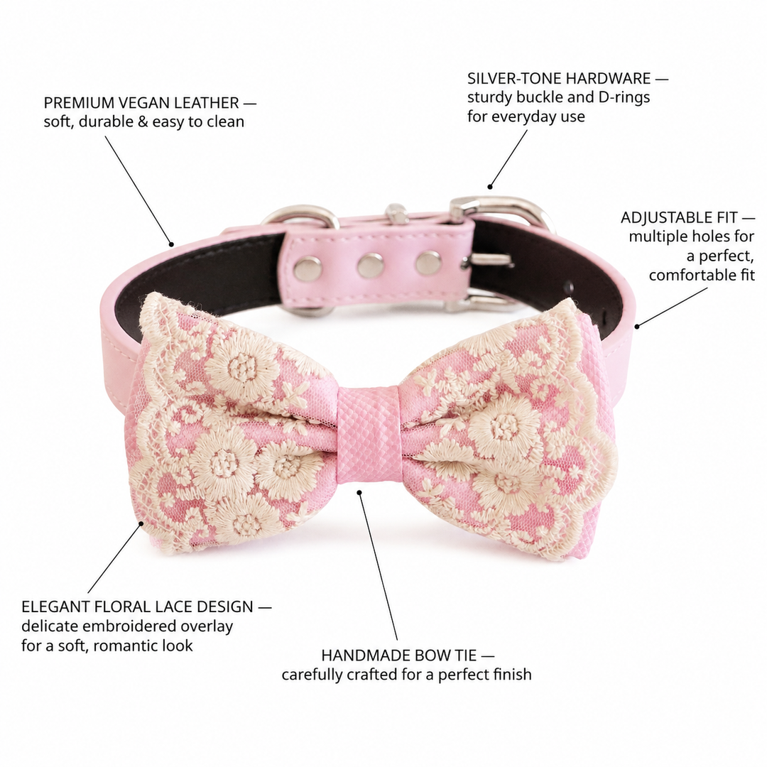 Blush Pink Ring Bearer Dog Bow Tie Collar with Ivory Floral Lace Embroidery