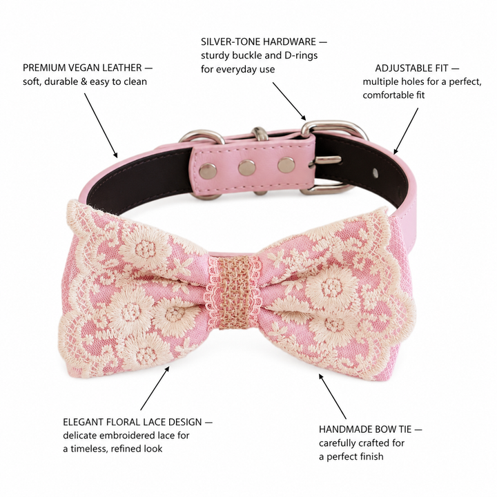 Soft Pink Ring Bearer Dog Bow Tie Collar with Ivory Floral Lace Embroidery