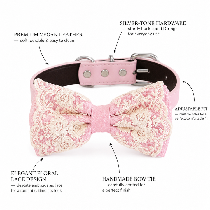 Pink Ring Bearer Dog Bow Tie Collar with Ivory Floral Lace Embroidery