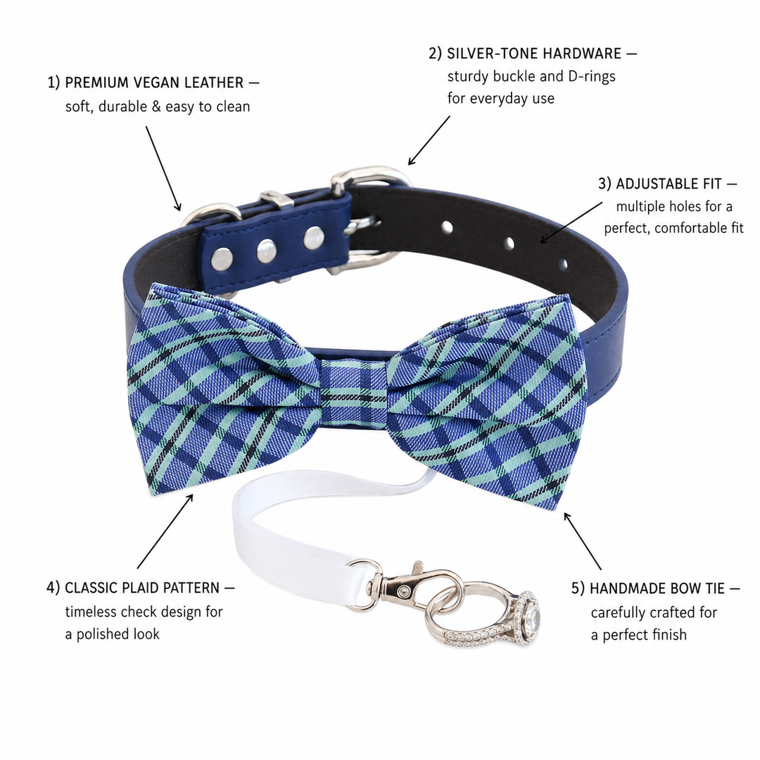 Blue Plaid Ring Bearer Wedding Dog Bow Tie Collar with Adjustable Royal Blue Vegan Leather Collar