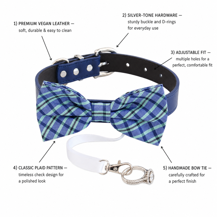 Blue Plaid Ring Bearer Wedding Dog Bow Tie Collar with Adjustable Royal Blue Vegan Leather Collar