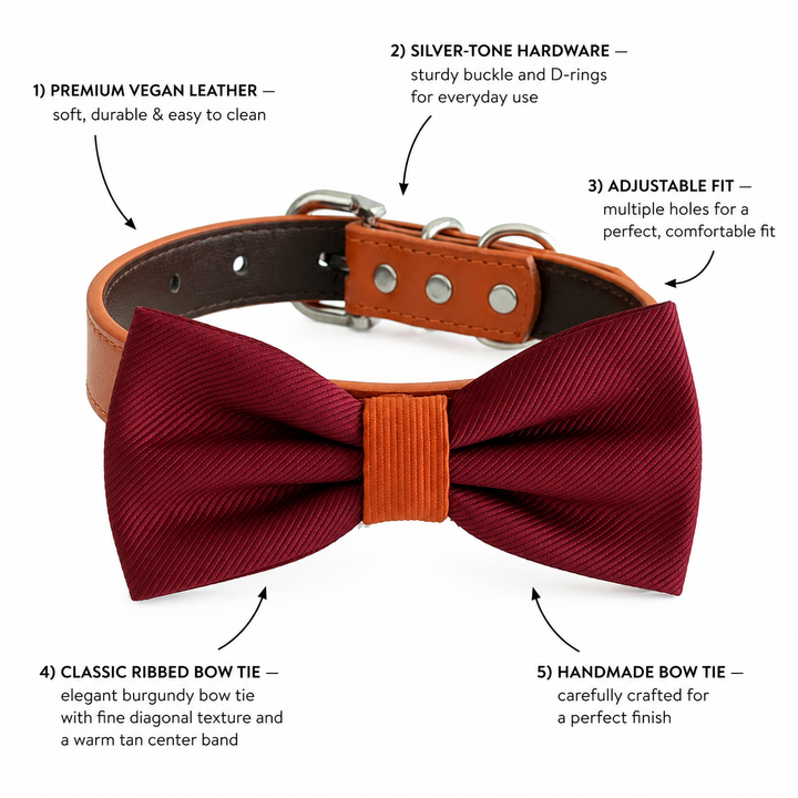 Burgundy Ring Bearer Dog Bow Tie Collar with Cognac Vegan Leather Collar