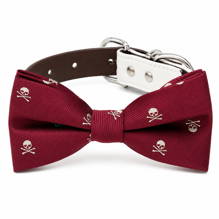 Burgundy Skull Print Ring Bearer Wedding Dog Bow Tie Collar with Adjustable Ivory Vegan Leather Collar