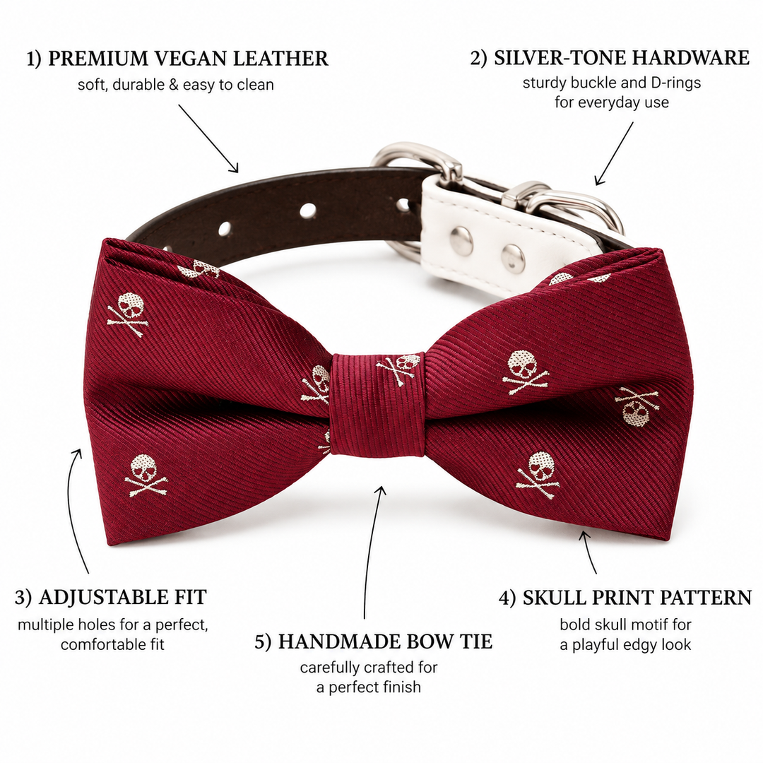 Burgundy Skull Print Ring Bearer Wedding Dog Bow Tie Collar with Adjustable Ivory Vegan Leather Collar