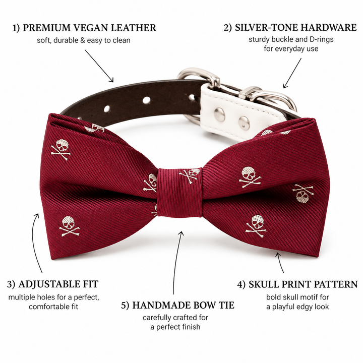 Burgundy Skull Print Ring Bearer Wedding Dog Bow Tie Collar with Adjustable Ivory Vegan Leather Collar