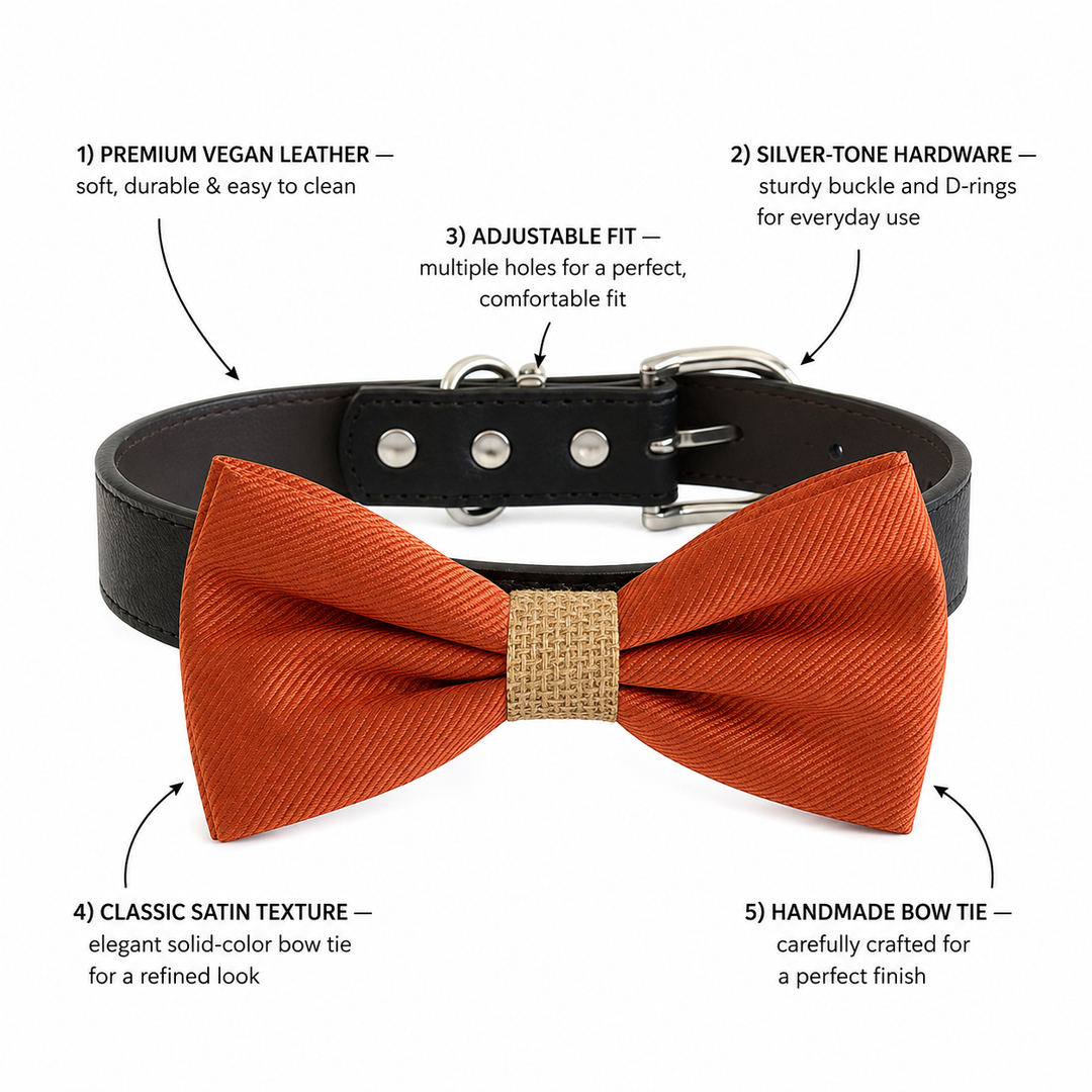 Burnt Orange Ring Bearer Dog Bow Tie Collar with Burlap Center and Black Vegan Leather Collar
