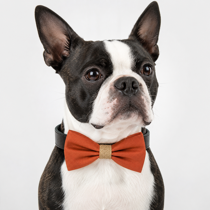 Burnt Orange Ring Bearer Dog Bow Tie Collar with Burlap Center and Black Vegan Leather Collar