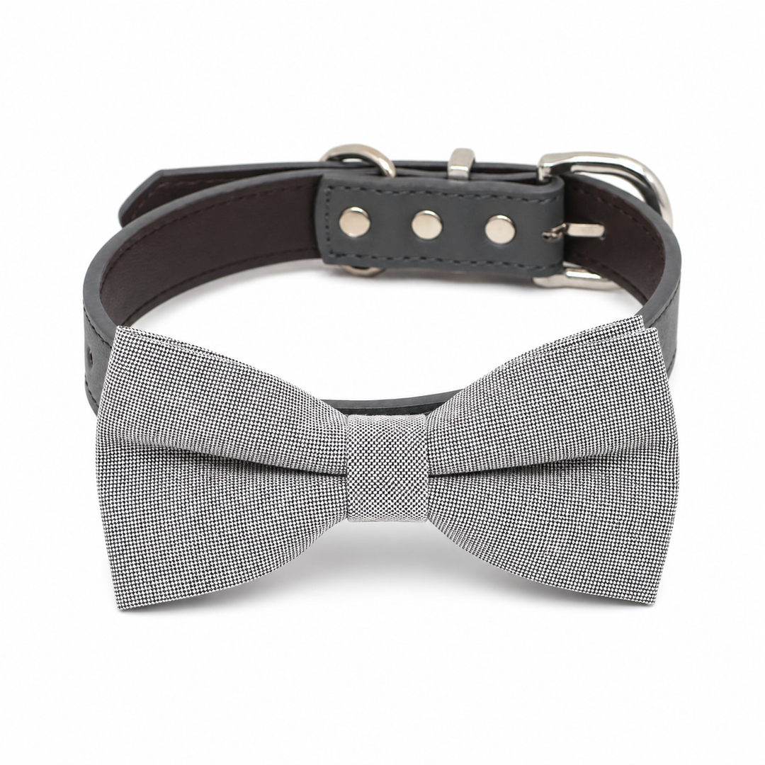 Gray Ring Bearer Dog Bow Tie Collar with Adjustable Charcoal Gray Vegan Leather Collar