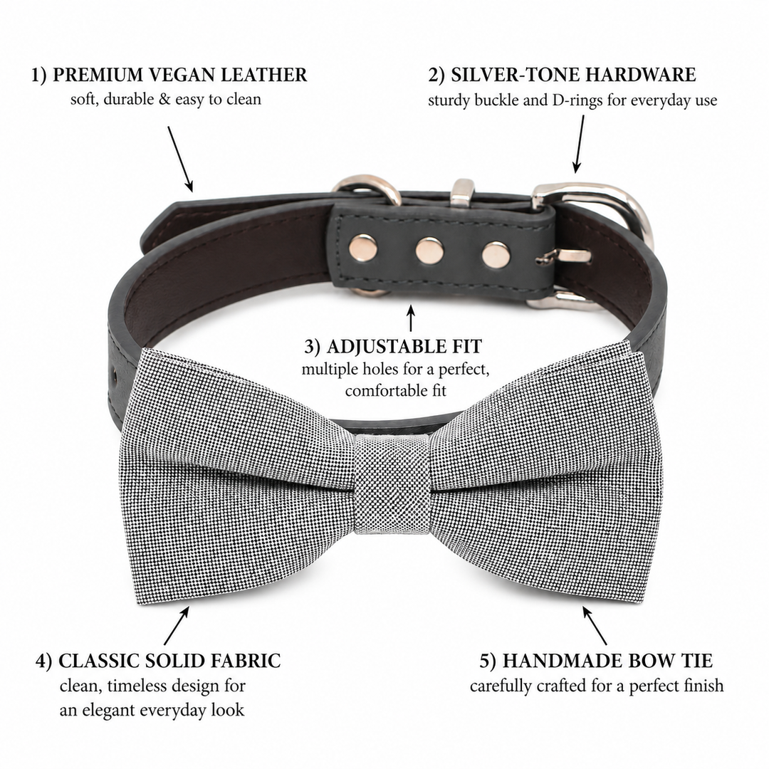 Gray Ring Bearer Dog Bow Tie Collar with Adjustable Charcoal Gray Vegan Leather Collar