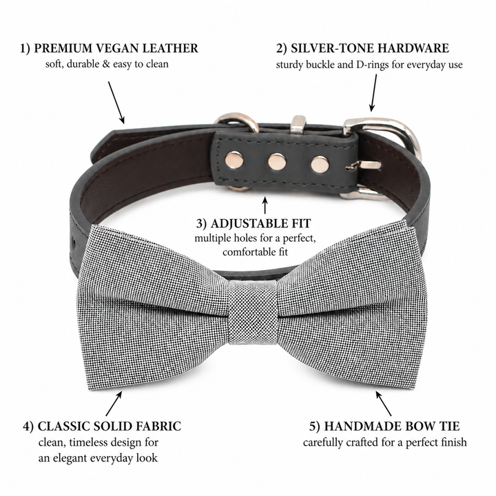 Gray Ring Bearer Dog Bow Tie Collar with Adjustable Charcoal Gray Vegan Leather Collar