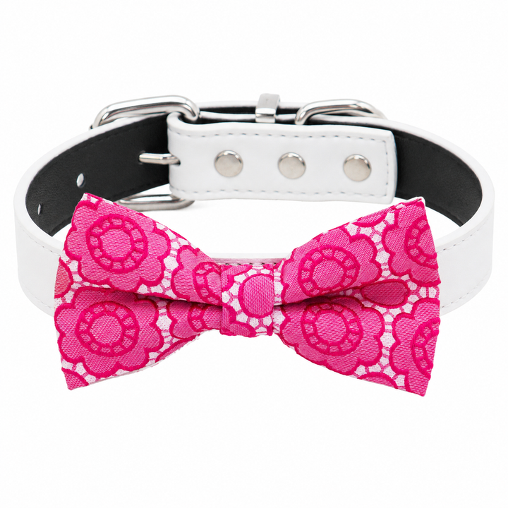Hot Pink Floral Ring Bearer Wedding Dog Bow Tie Collar with Adjustable White Vegan Leather Collar