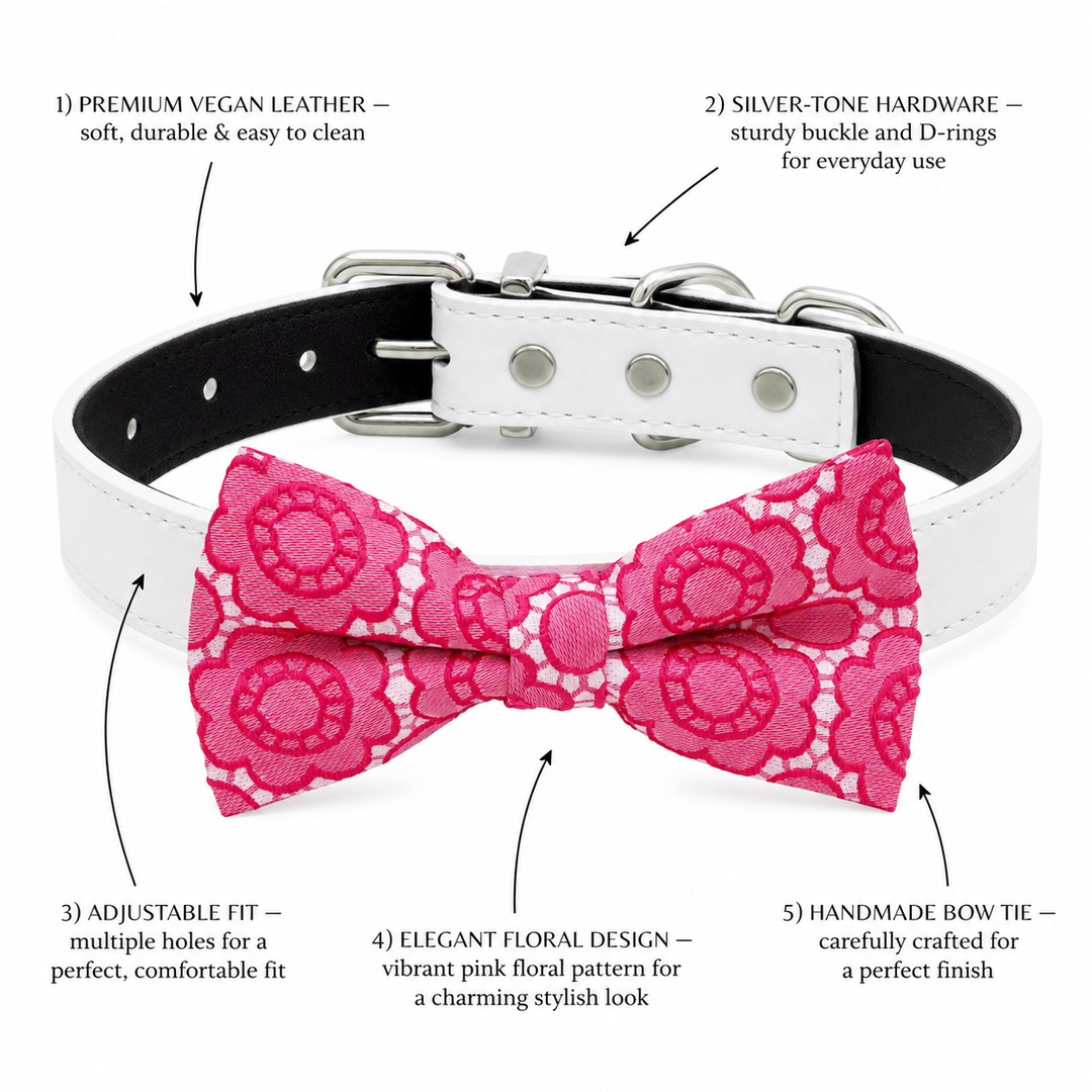 Hot Pink Floral Ring Bearer Wedding Dog Bow Tie Collar with Adjustable White Vegan Leather Collar