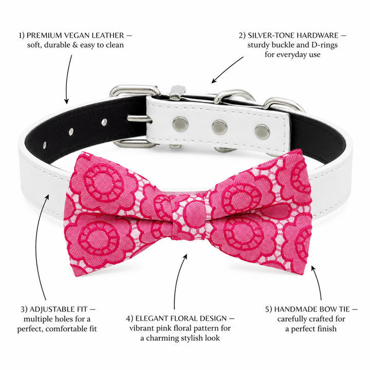Hot Pink Floral Ring Bearer Wedding Dog Bow Tie Collar with Adjustable White Vegan Leather Collar