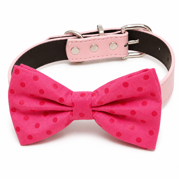Hot Pink Polka Dot Ring Bearer Wedding Dog Bow Tie Collar with Adjustable Soft Pink Vegan Leather Collar
