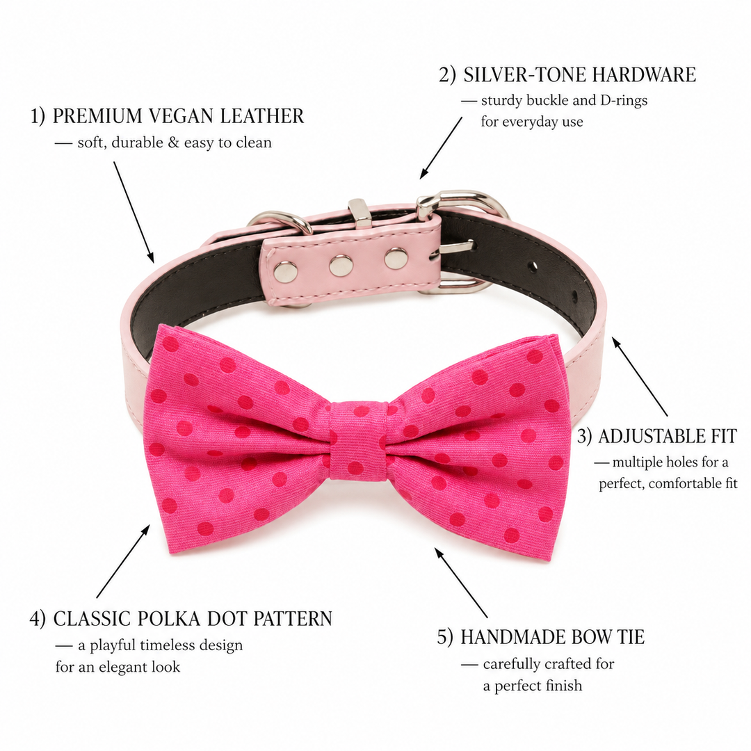 Hot Pink Polka Dot Ring Bearer Wedding Dog Bow Tie Collar with Adjustable Soft Pink Vegan Leather Collar