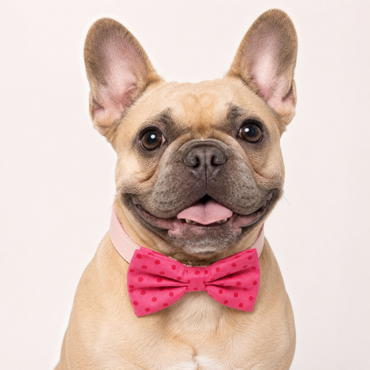 Hot pink polka dot ring bearer dog bow tie collar with soft pink vegan leather collar
