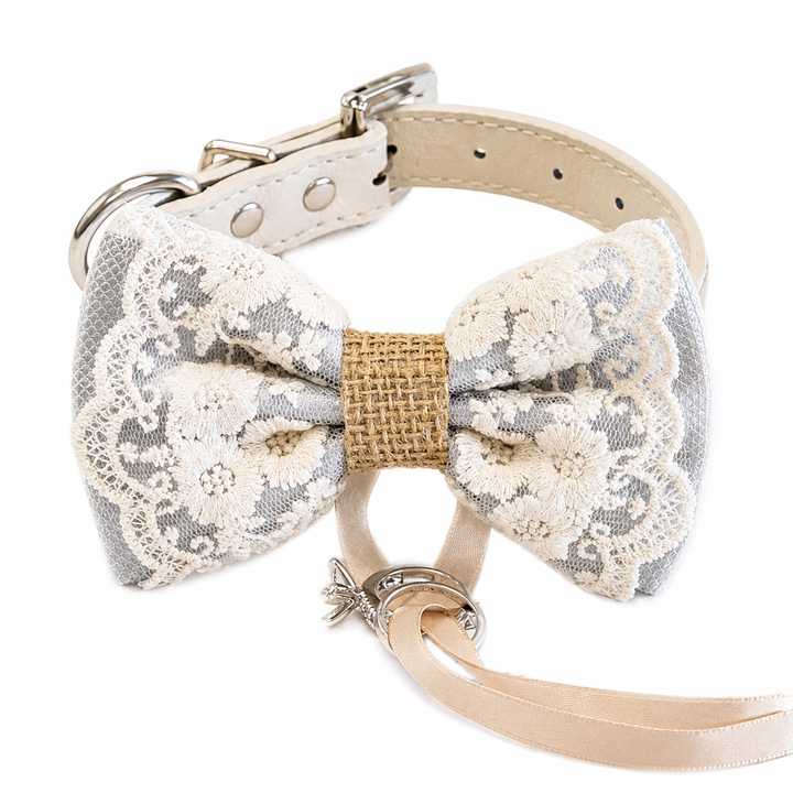 Dusty Blue Ring Bearer Dog Bow Tie Collar with Ivory Floral Lace Embroidery
