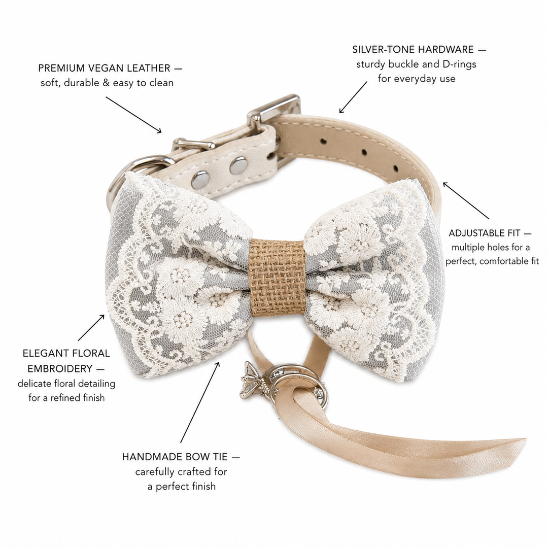 Dusty Blue Ring Bearer Dog Bow Tie Collar with Ivory Floral Lace Embroidery