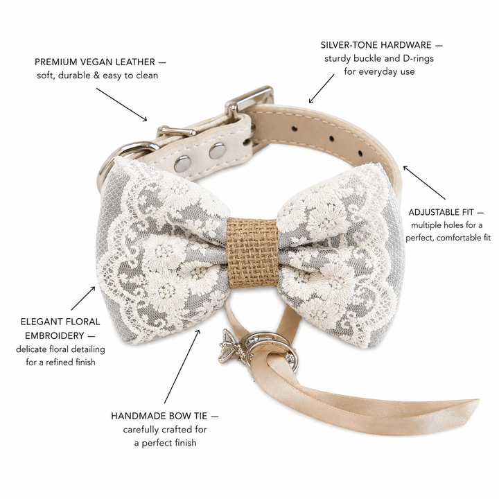Dusty Blue Ring Bearer Dog Bow Tie Collar with Ivory Floral Lace Embroidery