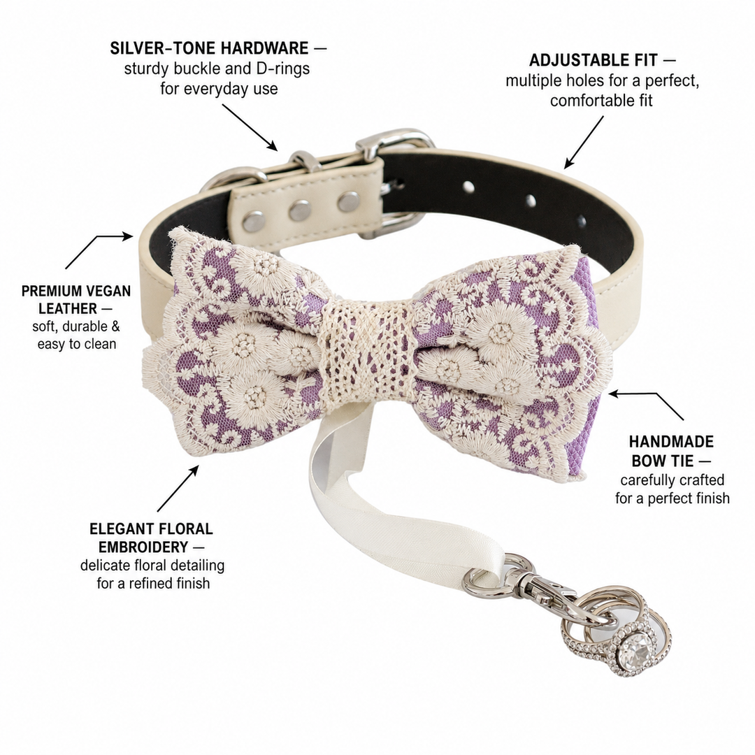 Lavender Ring Bearer Dog Bow Tie Collar with Ivory Floral Lace Embroidery