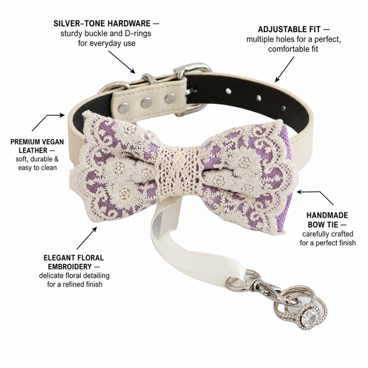 Lavender Ring Bearer Dog Bow Tie Collar with Ivory Floral Lace Embroidery