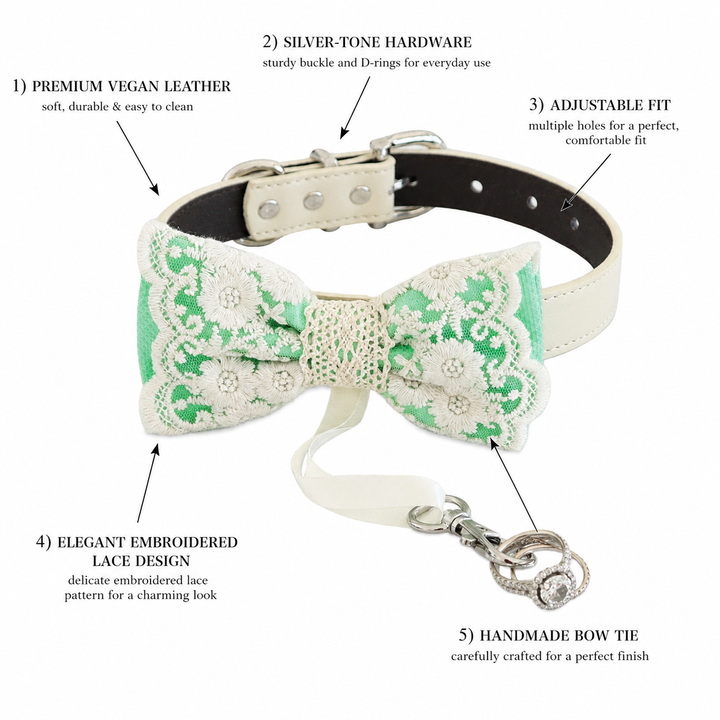 Mint Green Ring Bearer Dog Bow Tie Collar with Ivory Floral Lace Embroidery