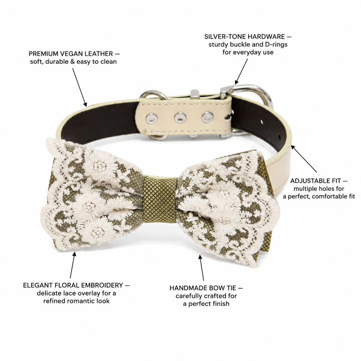 Olive Green Ring Bearer Dog Bow Tie Collar with Ivory Floral Lace Embroidery