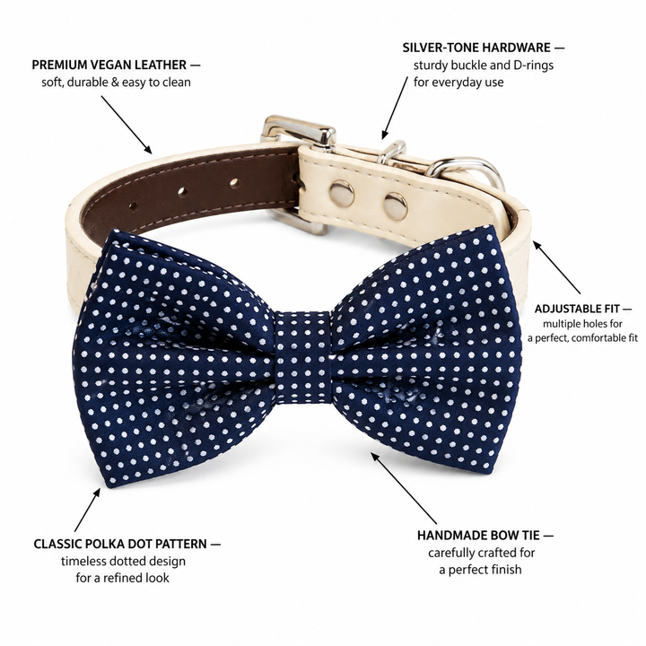 Navy Blue Polka Dot Ring Bearer Wedding Dog Bow Tie Collar with Adjustable White Vegan Leather Collar