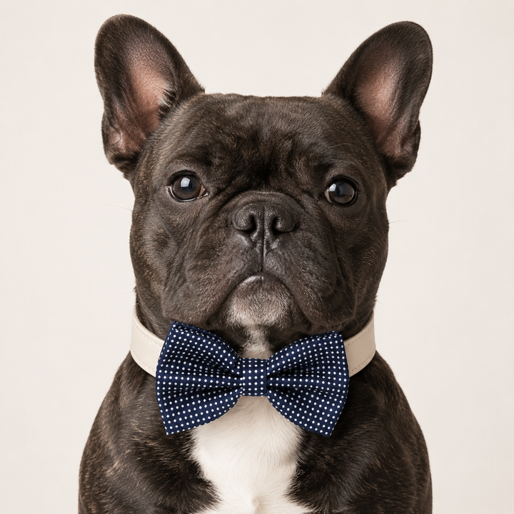 Navy Blue Polka Dot Ring Bearer Wedding Dog Bow Tie Collar with Adjustable White Vegan Leather Collar
