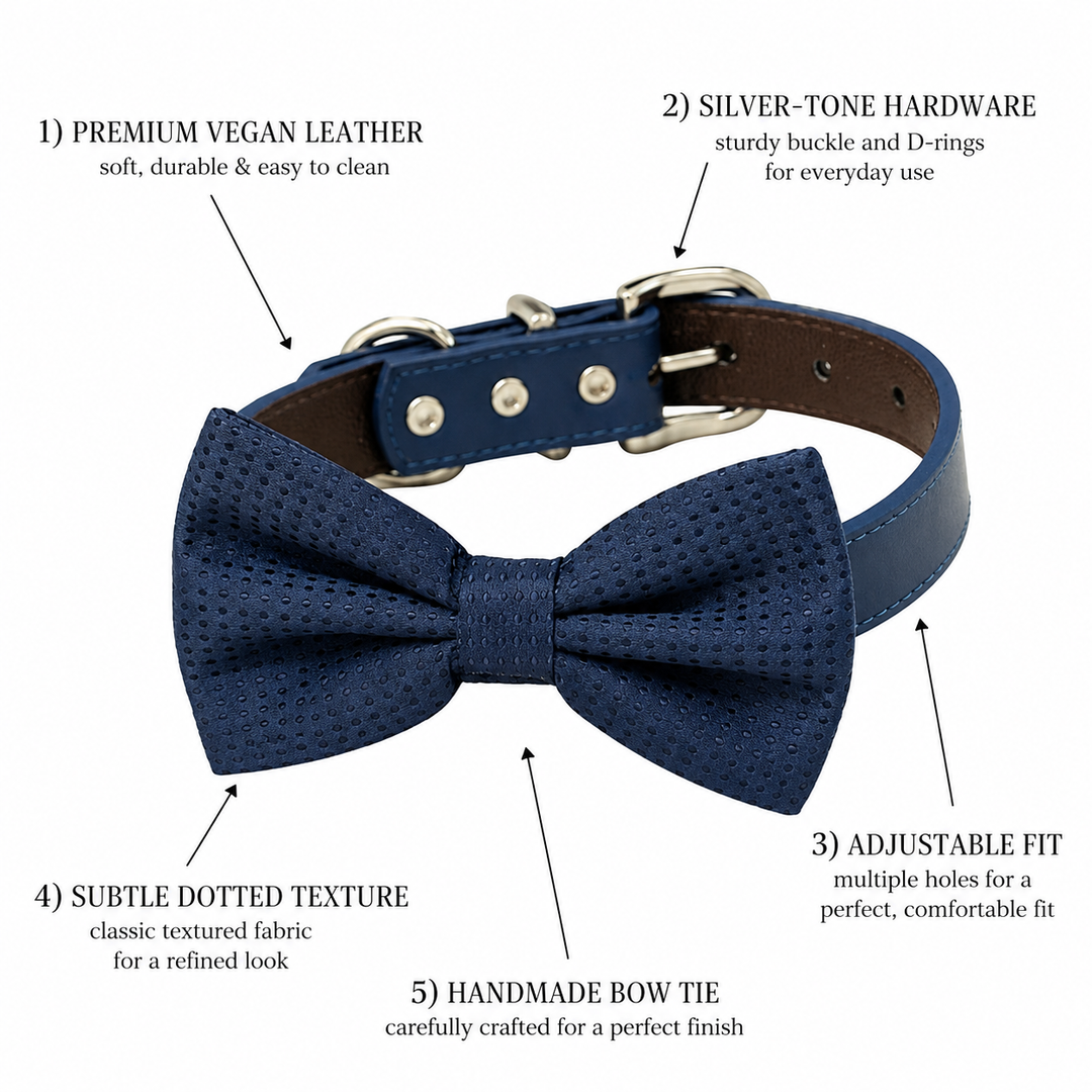 Navy Blue Ring Bearer Wedding Dog Bow Tie Collar with Adjustable Royal Blue Vegan Leather Collar
