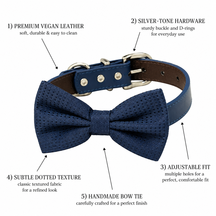 Navy Blue Ring Bearer Wedding Dog Bow Tie Collar with Adjustable Royal Blue Vegan Leather Collar