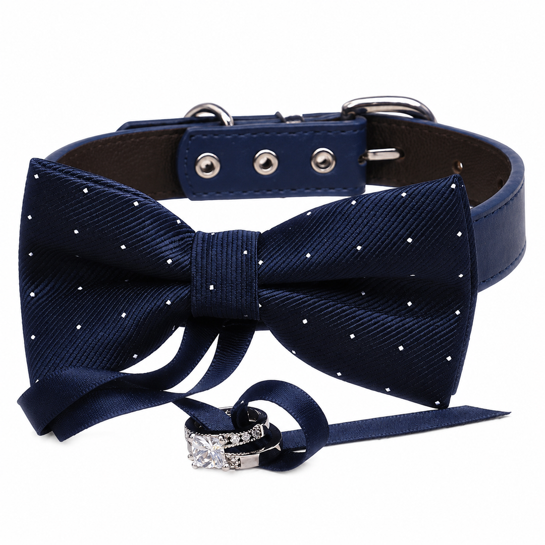 Navy Blue Ring Bearer Wedding Dog Bow Tie Collar with Decorative Ring Holder and Adjustable Navy Vegan Leather Collar