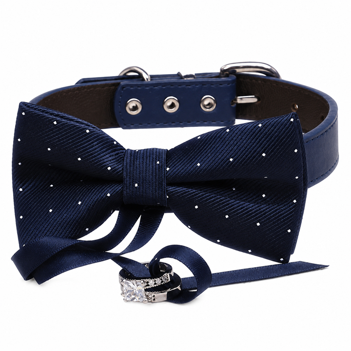 Navy Blue Ring Bearer Wedding Dog Bow Tie Collar with Decorative Ring Holder and Adjustable Navy Vegan Leather Collar