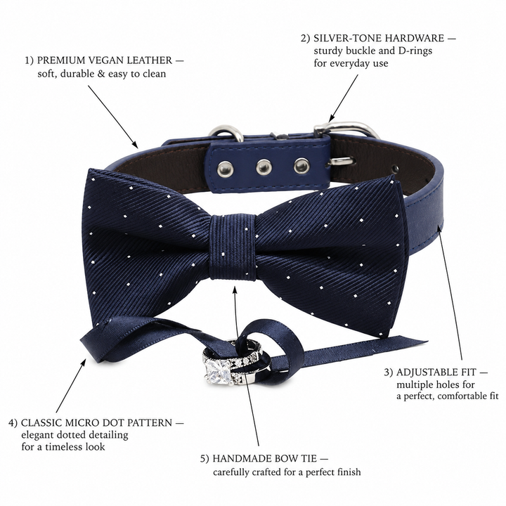 Navy Blue Ring Bearer Wedding Dog Bow Tie Collar with Decorative Ring Holder and Adjustable Navy Vegan Leather Collar