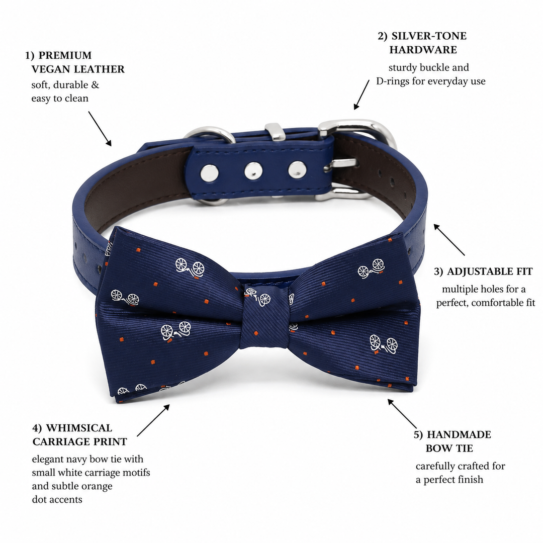 Navy Carriage Ring Bearer Wedding Dog Bow Tie Collar with Adjustable Royal Blue Vegan Leather Collar