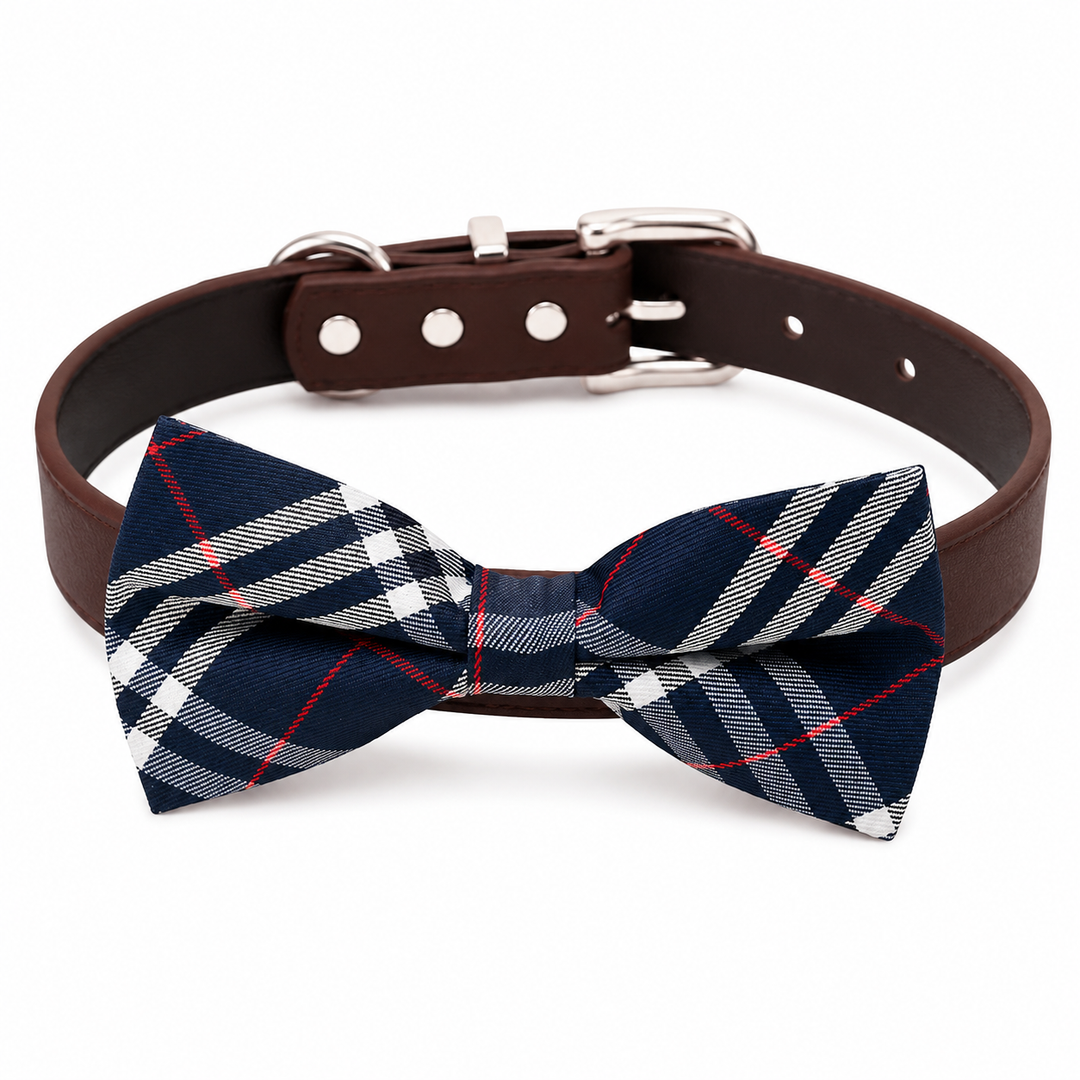 Navy Plaid Ring Bearer Wedding Dog Bow Tie Collar with Adjustable Brown Vegan Leather Collar