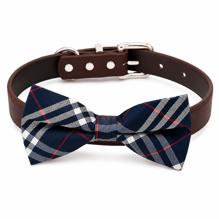 Navy Plaid Ring Bearer Wedding Dog Bow Tie Collar with Adjustable Brown Vegan Leather Collar