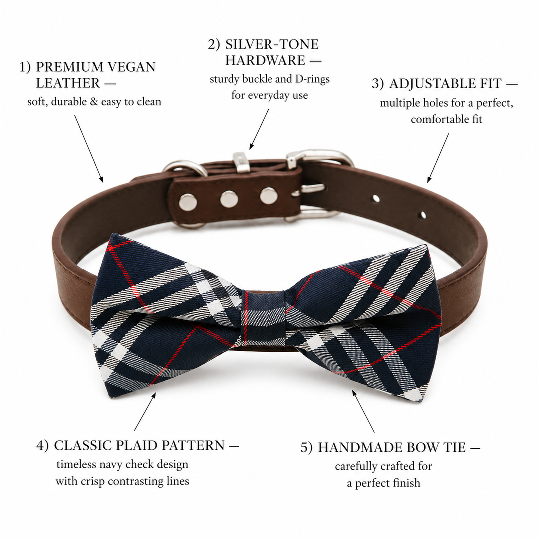 Navy Plaid Ring Bearer Wedding Dog Bow Tie Collar with Adjustable Brown Vegan Leather Collar