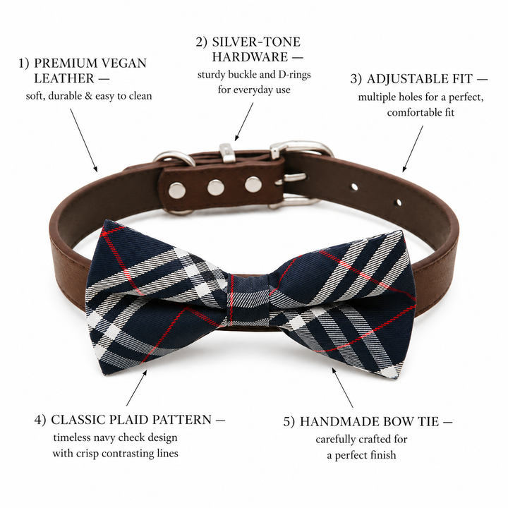 Navy Plaid Ring Bearer Wedding Dog Bow Tie Collar with Adjustable Brown Vegan Leather Collar