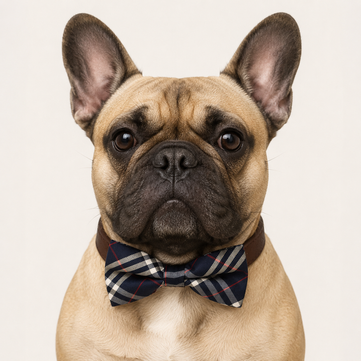 Navy Plaid Ring Bearer Wedding Dog Bow Tie Collar with Adjustable Brown Vegan Leather Collar