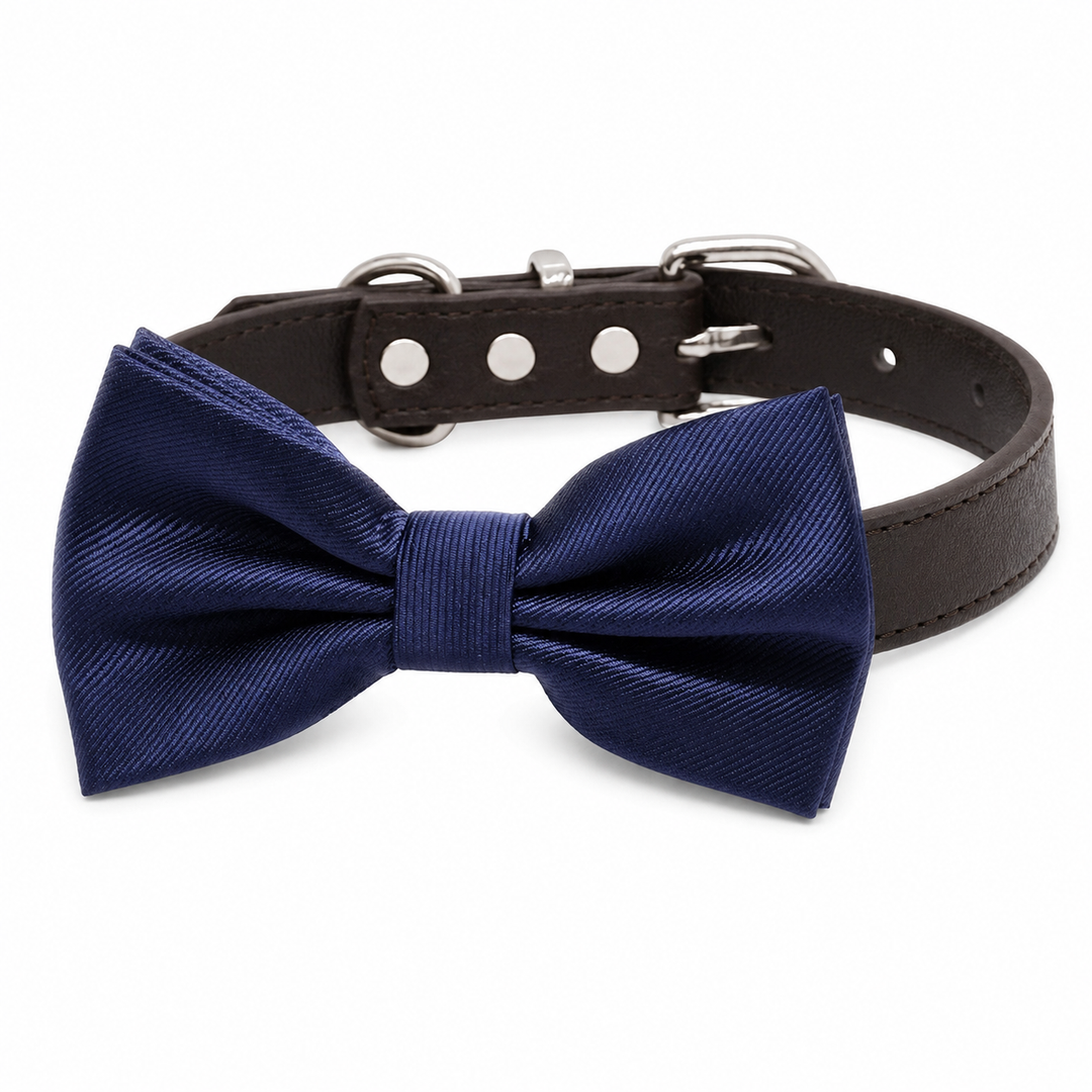 Navy Satin Ring Bearer Wedding Dog Bow Tie Collar with Adjustable Brown Vegan Leather Collar