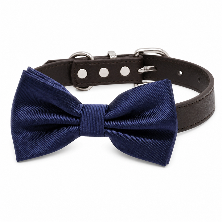 Navy Satin Ring Bearer Wedding Dog Bow Tie Collar with Adjustable Brown Vegan Leather Collar